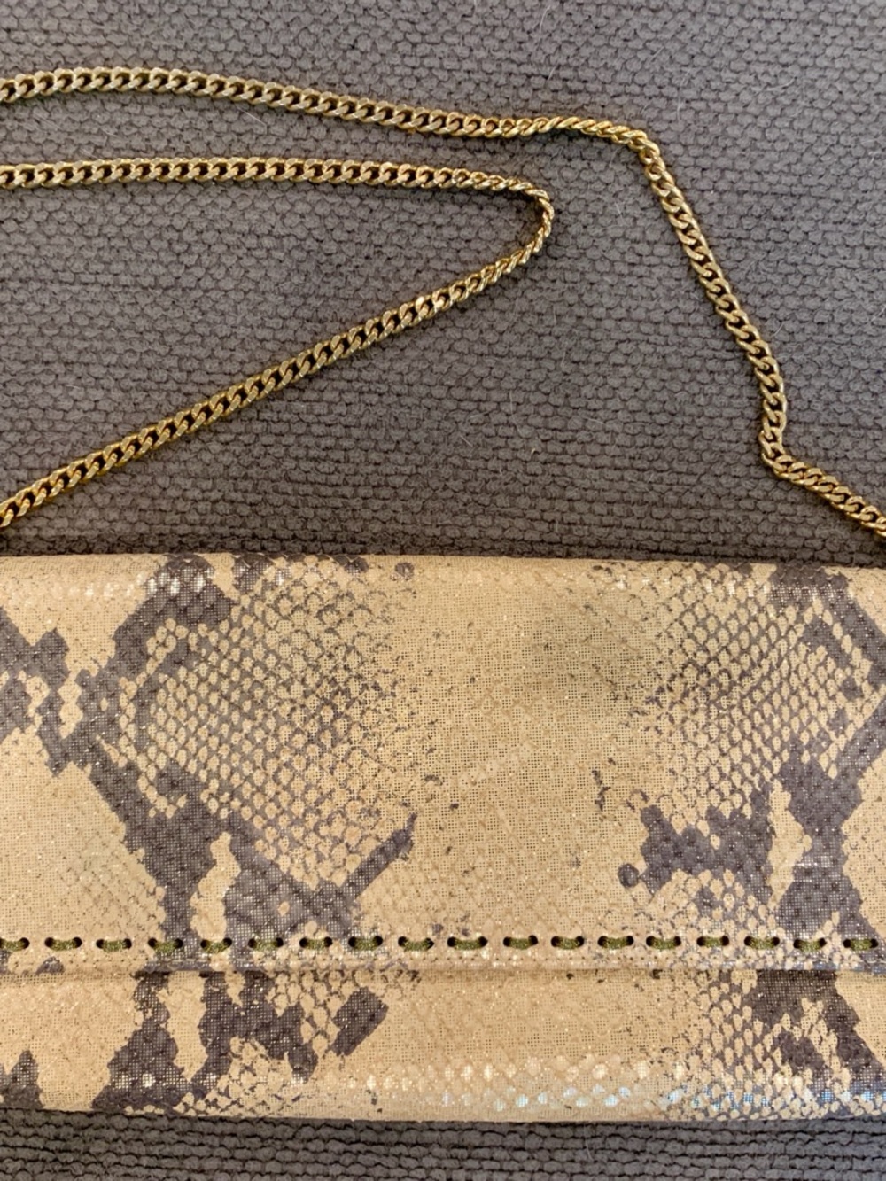 Vintage Carlos Falchi Gold and Gray Snake-Print Chain Clutch